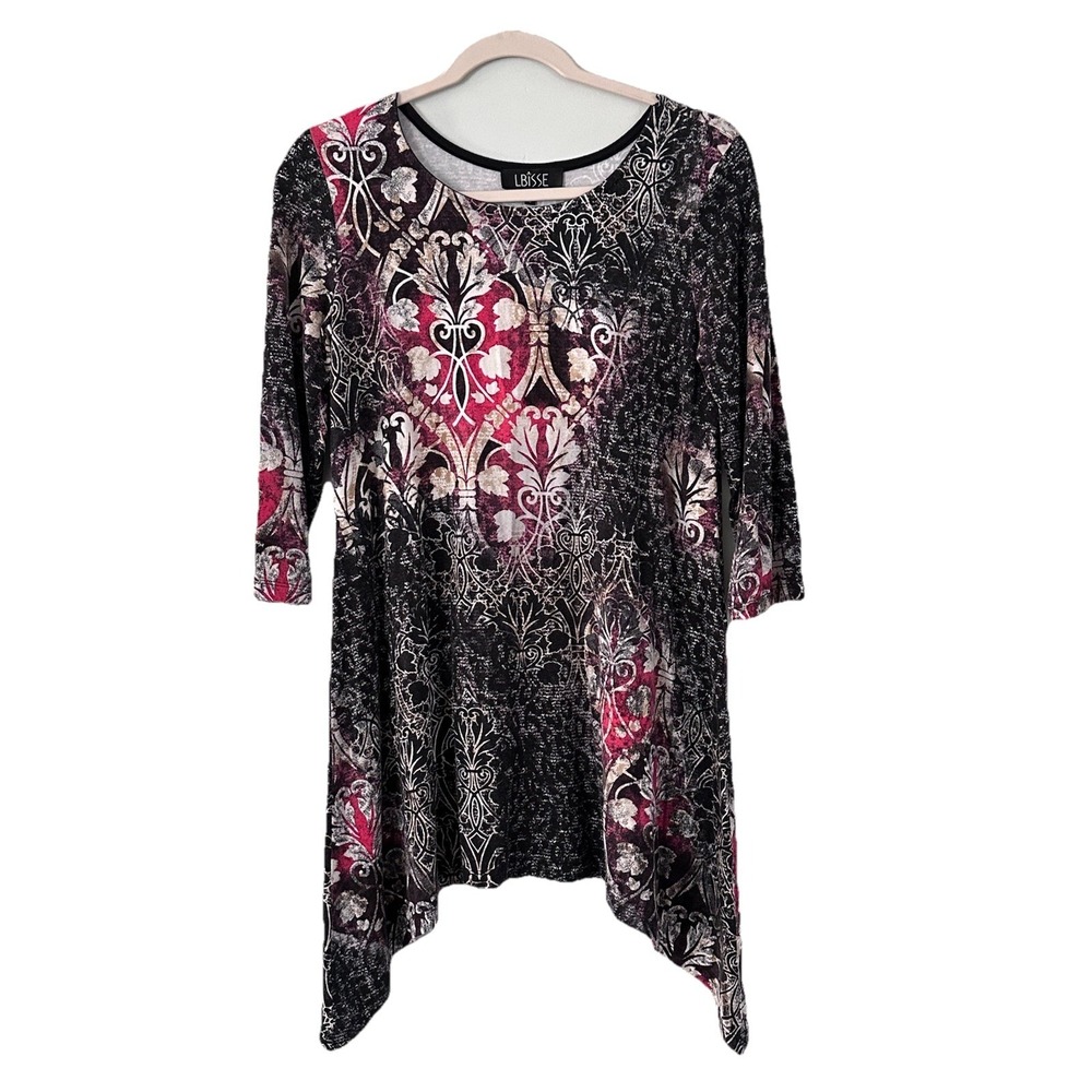 Lbisse Womens Wearable Art Tunic Top Small Damask 3/4 Sleeve Sharkbite Hem